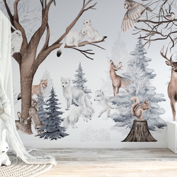 KRASOVY / Forest Wallpaperf for Kids, Woodland Animals Wall Mural, Nursery Wall Art