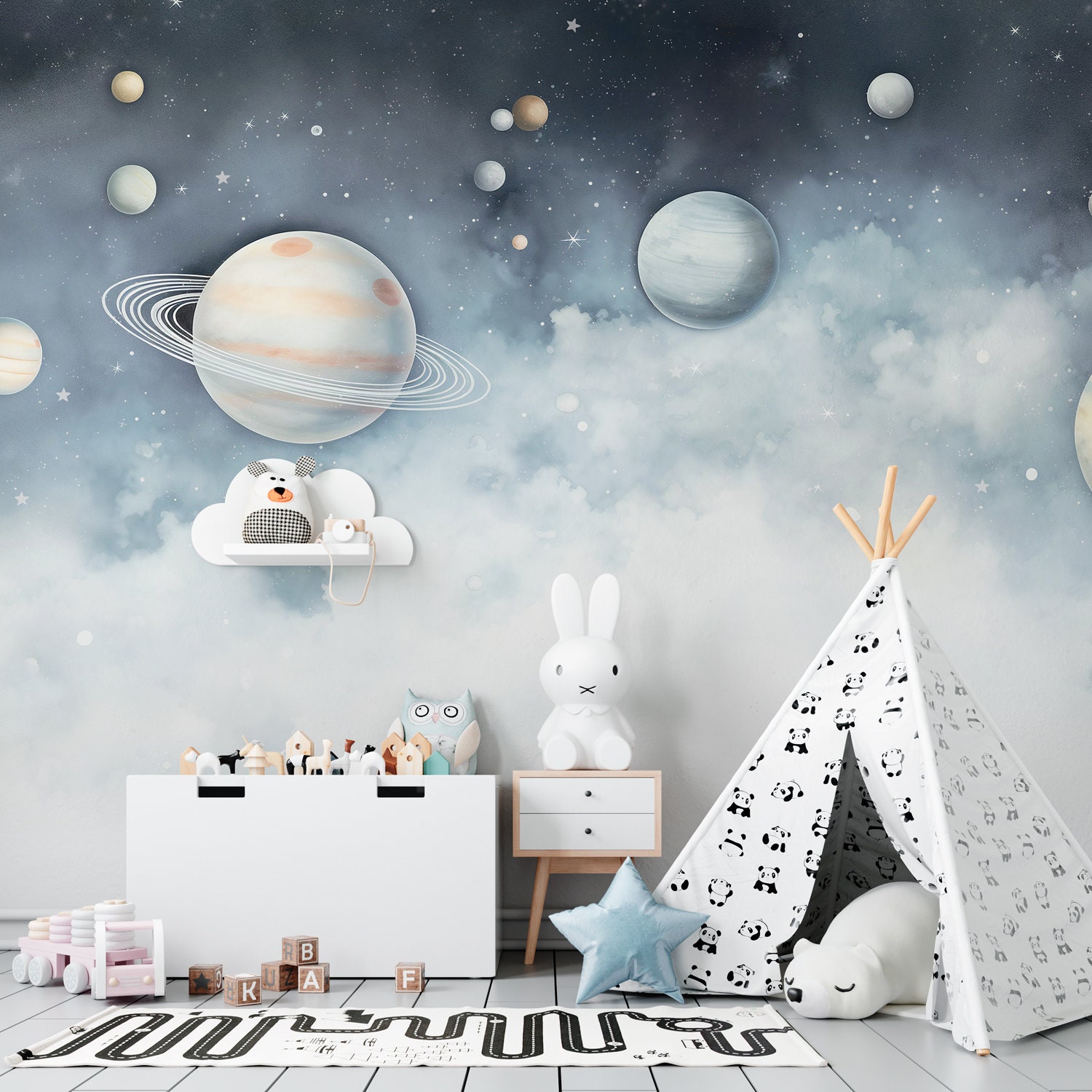 Skies Odyssey Kids Wallpaper – Space-Themed Wall Mural with Planets and Stars | Custom Size | Peel & Stick or Non-Woven | Nursery Decor