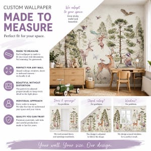 May include: Custom wallpaper featuring a forest scene with deer, a rabbit, a badger, and birds in muted green and brown tones. The text reads CUSTOM WALLPAPER MADE TO MEASURE, Perfect fit for your space, We adapt to your space, and Your wall. Your size. Our design.