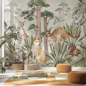 Woop Woop Roo Kids Wallpaper – Mural with Australian Animals | Custom Size | Peel & Stick or Non-Woven | Nursery Wall Decor