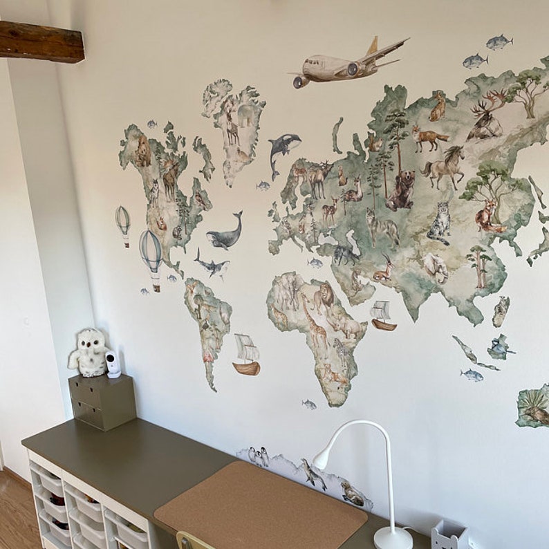 WORLD MAP Wall Decal for Kids / Nursery Decor / Watercolor / Etsy