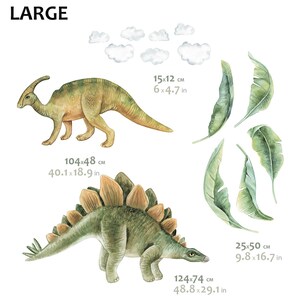 May include: Watercolor dinosaur wall decals. Includes a green and tan Stegosaurus (48.8 x 29.1 in), a tan and green Parasaurolophus (40.1 x 18.9 in), green leaves (9.8 x 16.7 in), and white clouds (6 x 4.7 in).