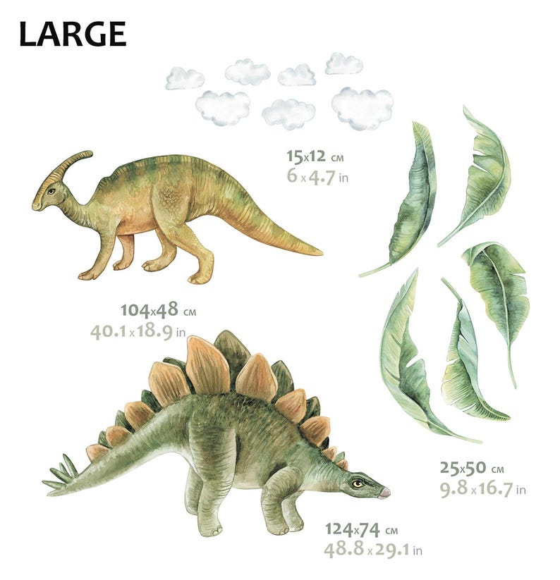 May include: Watercolor dinosaur wall decals. Includes a green and tan Stegosaurus (48.8 x 29.1 in), a tan and green Parasaurolophus (40.1 x 18.9 in), green leaves (9.8 x 16.7 in), and white clouds (6 x 4.7 in).