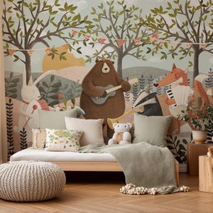 Forest Party Kids Wallpaper – Mural with Woodland Animals | Custom Size | Peel & Stick or Non-Woven | Nursery Wall Decor