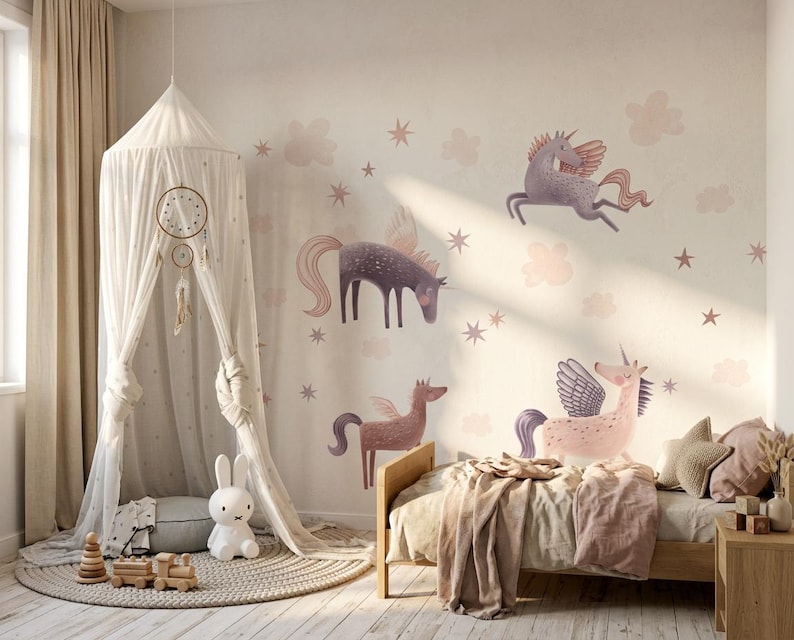 Pegasus Nursery Wall Decals Watercolor Fantasy Horses for Kids Room image 1
