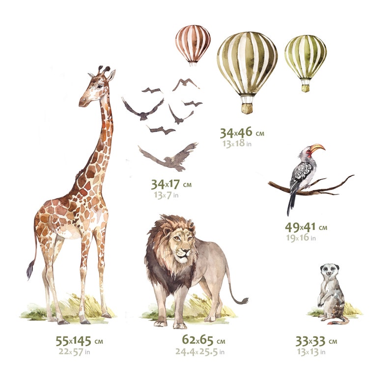 SAVANE / Stickers muraux Jungle pour Enfants / Animaux Girafe Air ballon sticker mural Mirror image