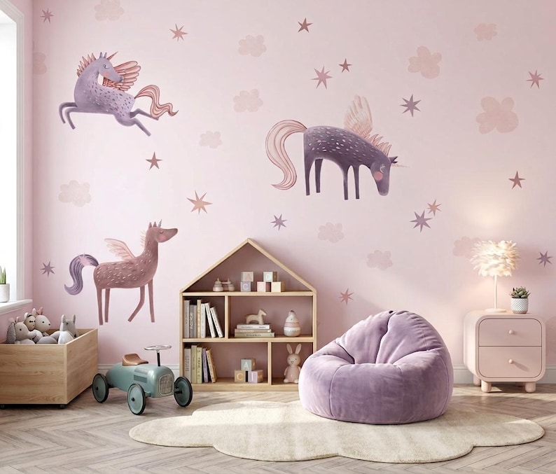 Pegasus Nursery Wall Decals Watercolor Fantasy Horses for Kids Room image 4