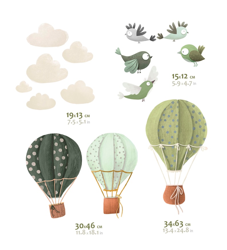 BALLOO BALLOO Nursery Decal Bird / Watercolor Stickers Birds / Hot air balloon wall decal Green