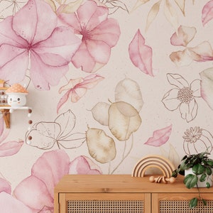 Carta da parati per bambini "Elysian" - Murale botanico rosa con fiori | Fatto su misura | Autoadesivo o non tessuto | Decorazione della cameretta della bambina