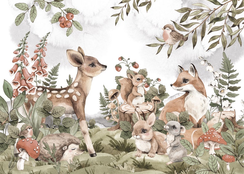 BUDDIES Woodland Nursery / Forest Animals / Tree Wallpaper / Etsy