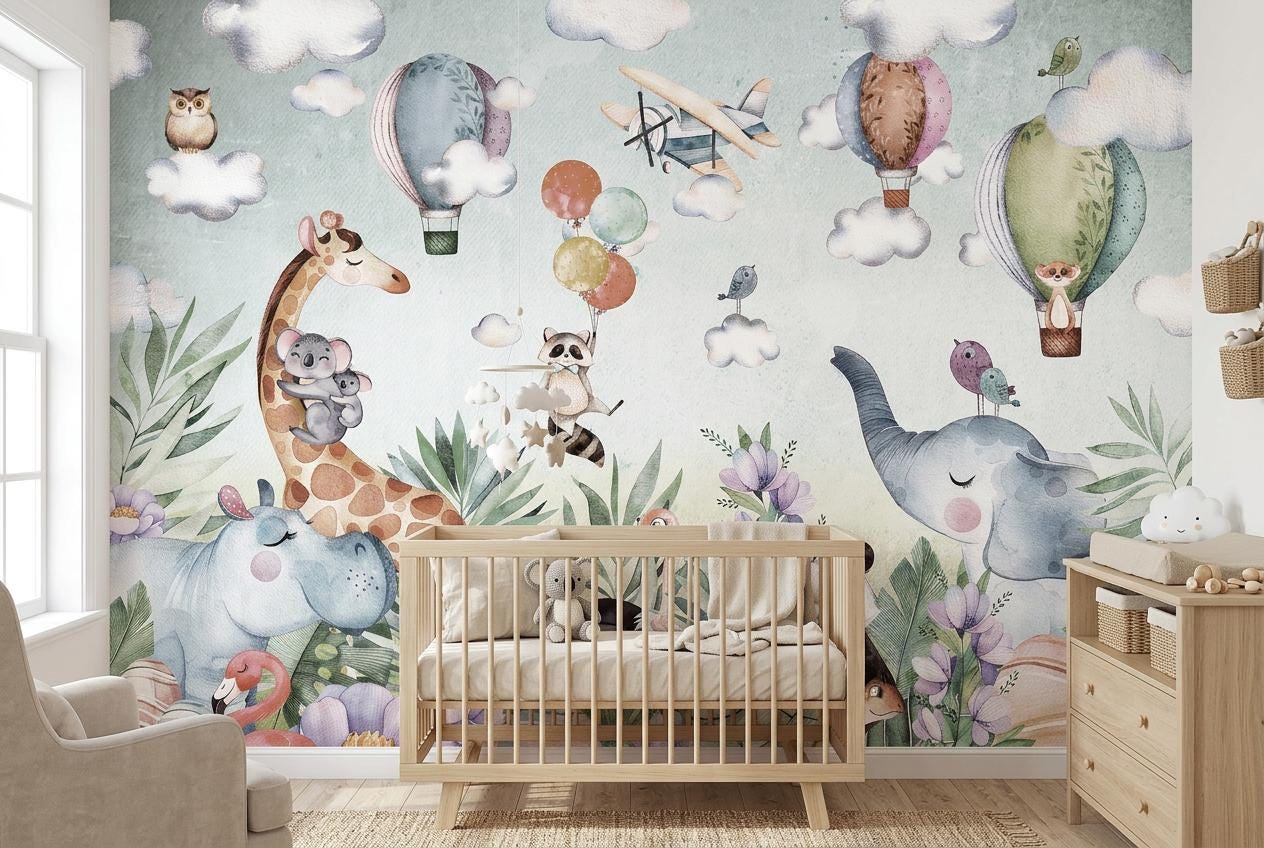 Papier Peint Jungle Kids - Fresque Murale Safari Aquarelle Avec Panda, Girafe Et Éléphant | Taille Personnalisée Autocollant Ou Intissé