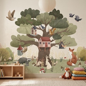 Trelly Kids Treehouse Wallpaper With Forest Animals Nursery Wall Mural