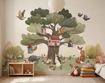 Papel pintado infantil Trelly Kids Treehouse con animales del bosque. Mural de pared para habitación infantil.