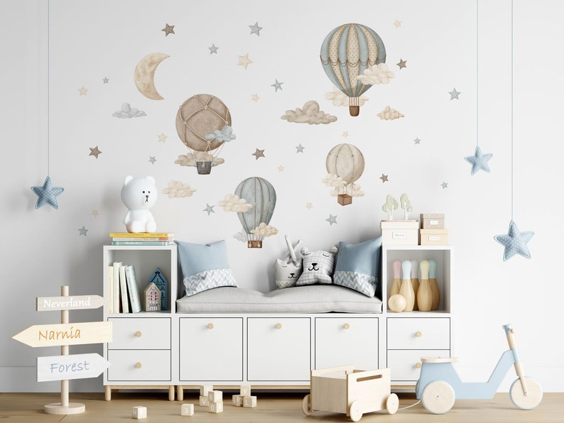 STARDUST Heißluftballon Kinderzimmer Wandaufkleber / Sterne und Wolken Wandaufkleber Bild 1