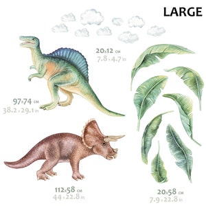 May include: Watercolor illustrations of dinosaurs, clouds, and leaves. The Spinosaurus measures 38.2 x 29.1 inches, the Triceratops is 44 x 22.8 inches, and the leaves are 7.9 x 22.8 inches. The word "LARGE" is at the top.