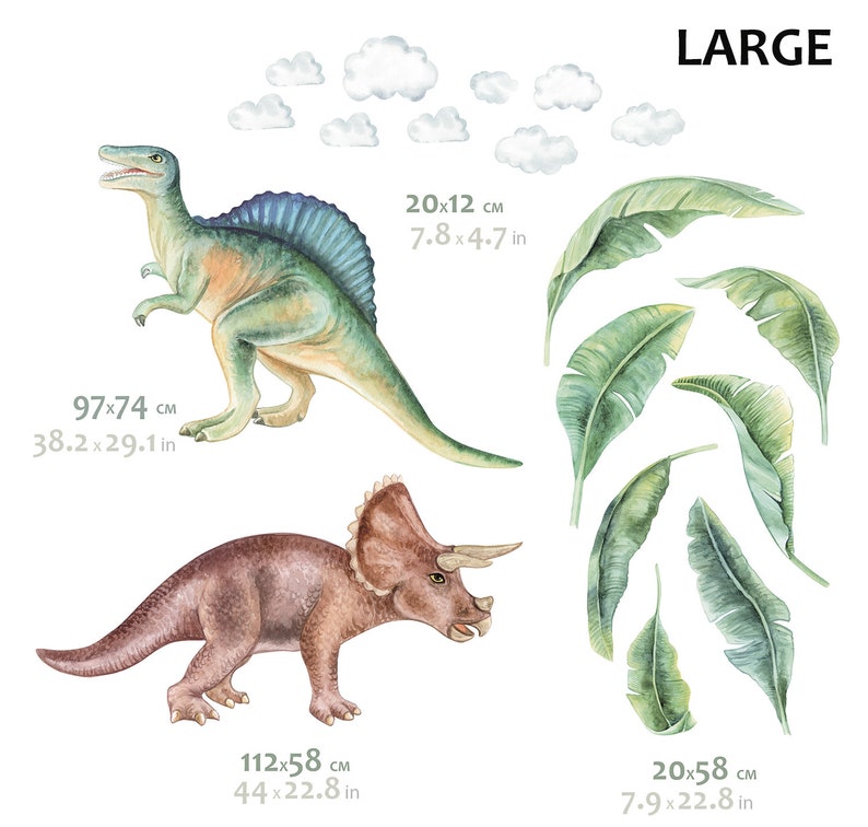 May include: Watercolor illustrations of dinosaurs, clouds, and leaves. The Spinosaurus measures 38.2 x 29.1 inches, the Triceratops is 44 x 22.8 inches, and the leaves are 7.9 x 22.8 inches. The word "LARGE" is at the top.