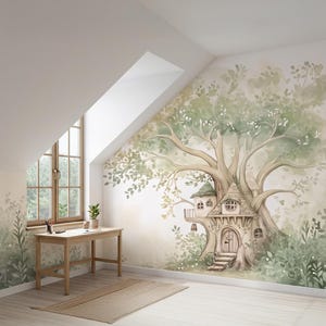 May include: A wall mural featuring a watercolor illustration of a large tree with a house built into its trunk and branches. The design includes soft green foliage, a wooden door, small windows, and a balcony, set against a light background.