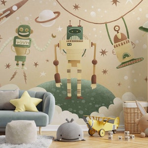 ROBOTS / Space Kids Wallpaper, Planets and Stars Wall Mural