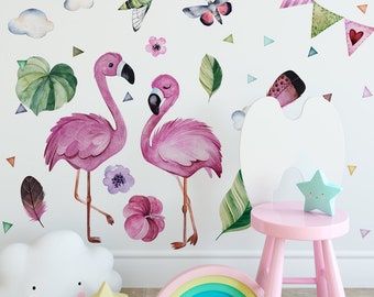 TROPICS FLAMINGO Jungle Wall Stickers for Kids Room / hand painted watercolor