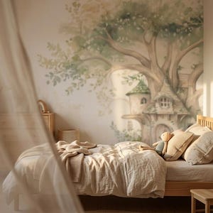 May include: A wooden bed frame with light beige bedding and pillows, positioned against a wall featuring a large, soft-toned watercolor mural of a treehouse. The room includes light wood furniture, a small chair, and a soft, warm lighting scheme.