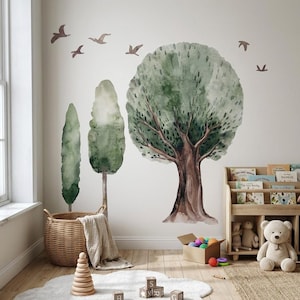 Wandtattoos mit Aquarell-Waldbäumen fürs Kinderzimmer, sanfte Walddeko fürs Kinderzimmer, Naturthema