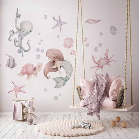 MERMAID Wall Decal / Soft Sea Decal / Mermaid Decorations / Fish / Marine  Baby Room 