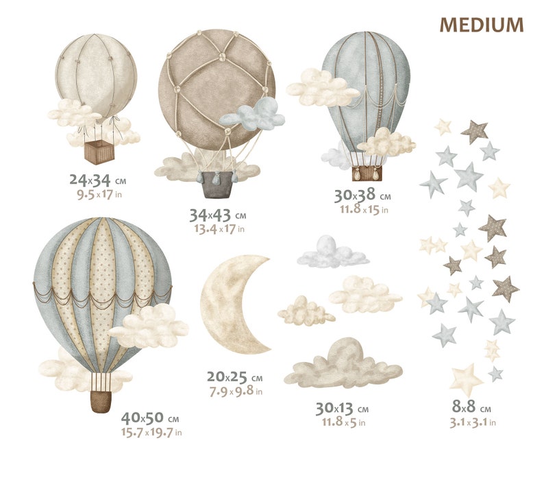 STARDUST Heißluftballon Kinderzimmer Wandaufkleber / Sterne und Wolken Wandaufkleber Medium