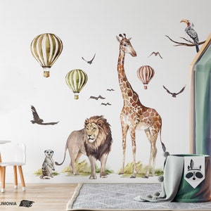 Safari Wall Decals – Giraffe, Lion and Hot Air Balloons – Jungle Animals Wall Stickers for Nursery & Kids Room Decor
