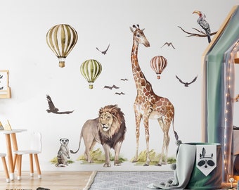 SAVANE / Stickers muraux Jungle pour Enfants / Animaux Girafe Air ballon sticker mural