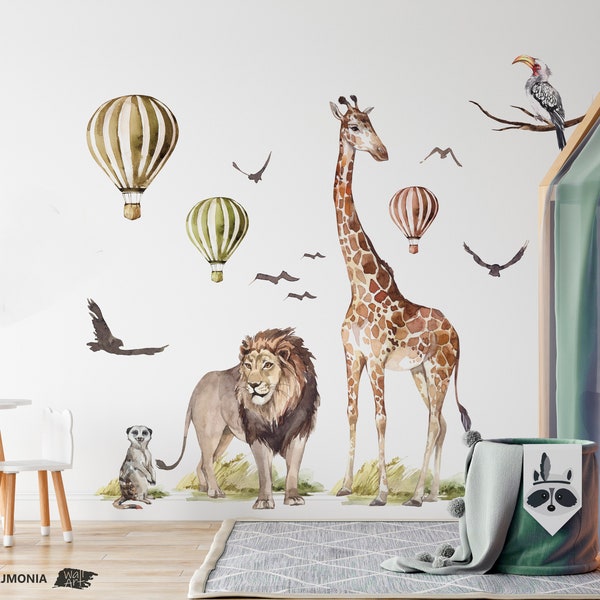 SAVANE / Stickers muraux Jungle pour Enfants / Animaux Girafe Air ballon sticker mural