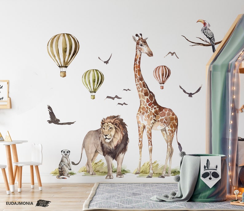 SAVANE / Stickers muraux Jungle pour Enfants / Animaux Girafe Air ballon sticker mural image 1