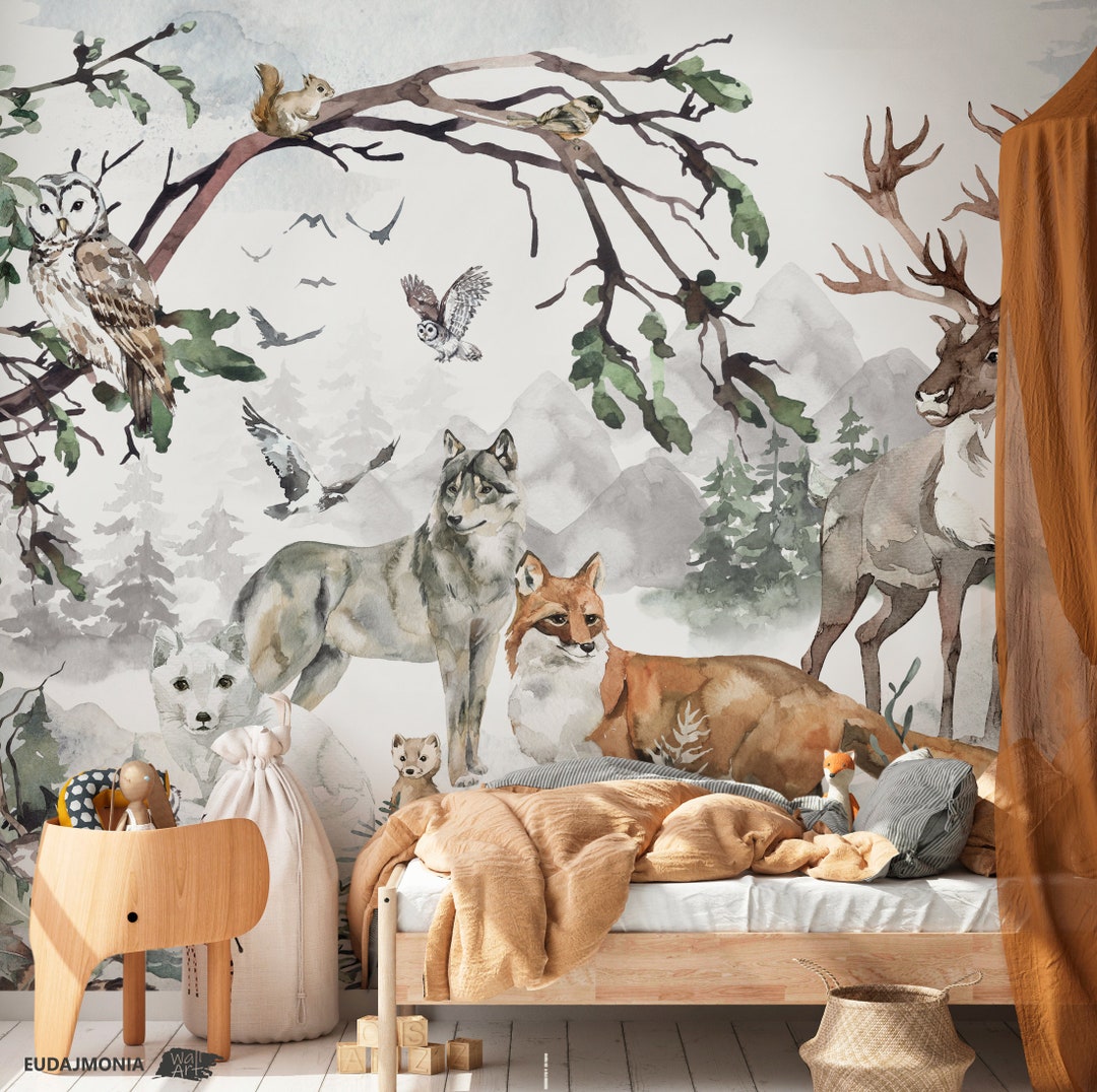 BACKWOODS Forest Wallpaper Woodland Animals Wall Mural Etsy 日本