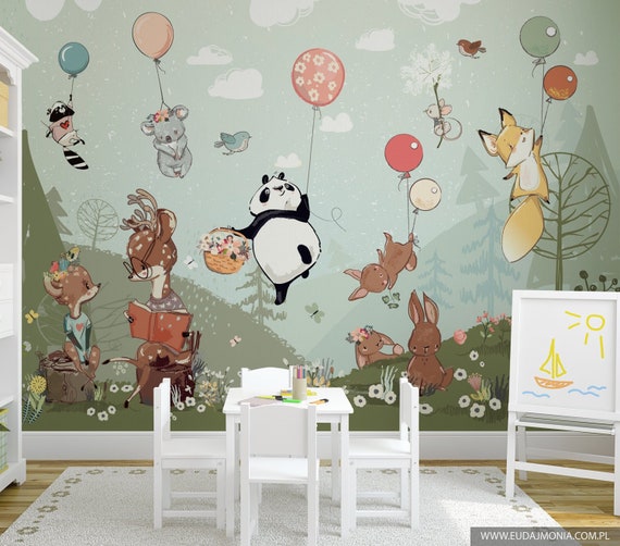 Mural Infantil Bosque Primaveral, paisaje con animales del bosque entre los  árboles, papel pintado para paredes infantiles ANIM5