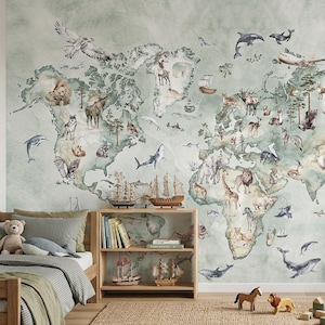 May include: A wall mural featuring a world map in muted green tones, decorated with watercolor illustrations of various animals, ships, and an airplane. The map displays continents populated by wildlife native to each region, including bears, lions, and whales, set against a soft, textured background.