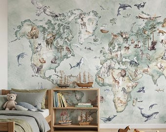 May include: A wall mural featuring a world map in muted green tones, decorated with watercolor illustrations of various animals, ships, and an airplane. The map displays continents populated by wildlife native to each region, including bears, lions, and whales, set against a soft, textured background.