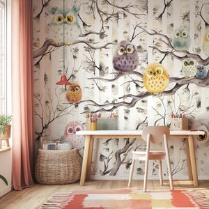 Owlballs Kids Wallpaper – Owls on Tree Mural | Custom Size | Nursery Wall Decor