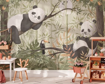 PANDARIUM / Papier peint Jungle pour enfants, Papier peint Pandas, Forêt et arbres