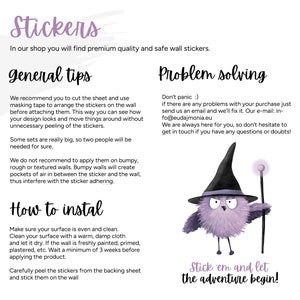 May include: Image with text about wall stickers, including tips on application and problem-solving. A whimsical illustration of a purple owl in a witch's hat and holding a wand is also featured. The text encourages customers to "Stick 'em and let the adventure begin!"