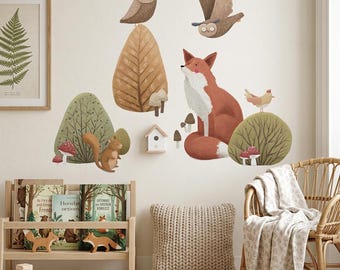 Fox and Owl Forest Wall Decal Set for Kids Room Woodland Nursery Decor