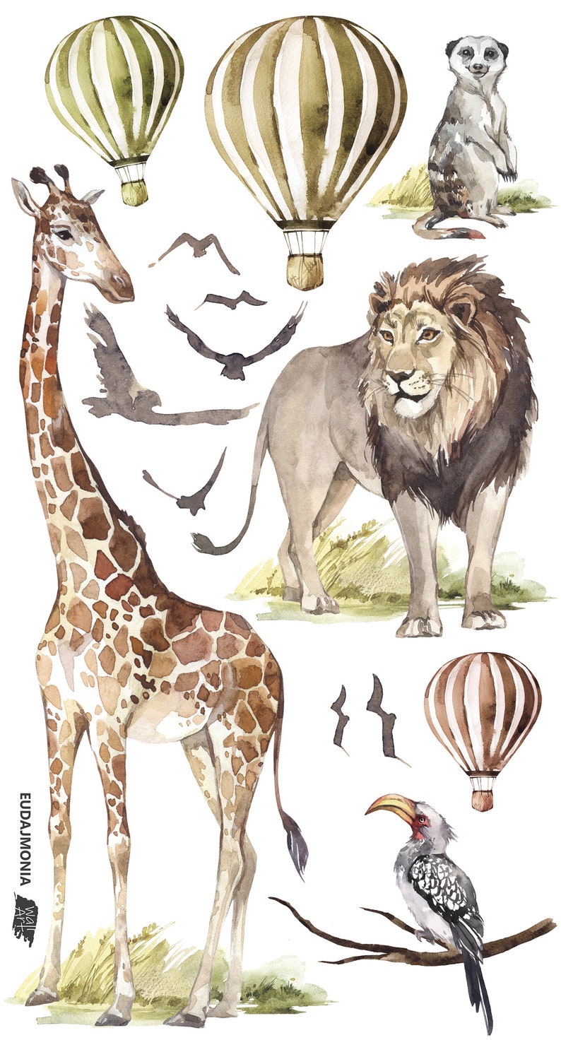 SAVANE / Stickers muraux Jungle pour Enfants / Animaux Girafe Air ballon sticker mural image 5