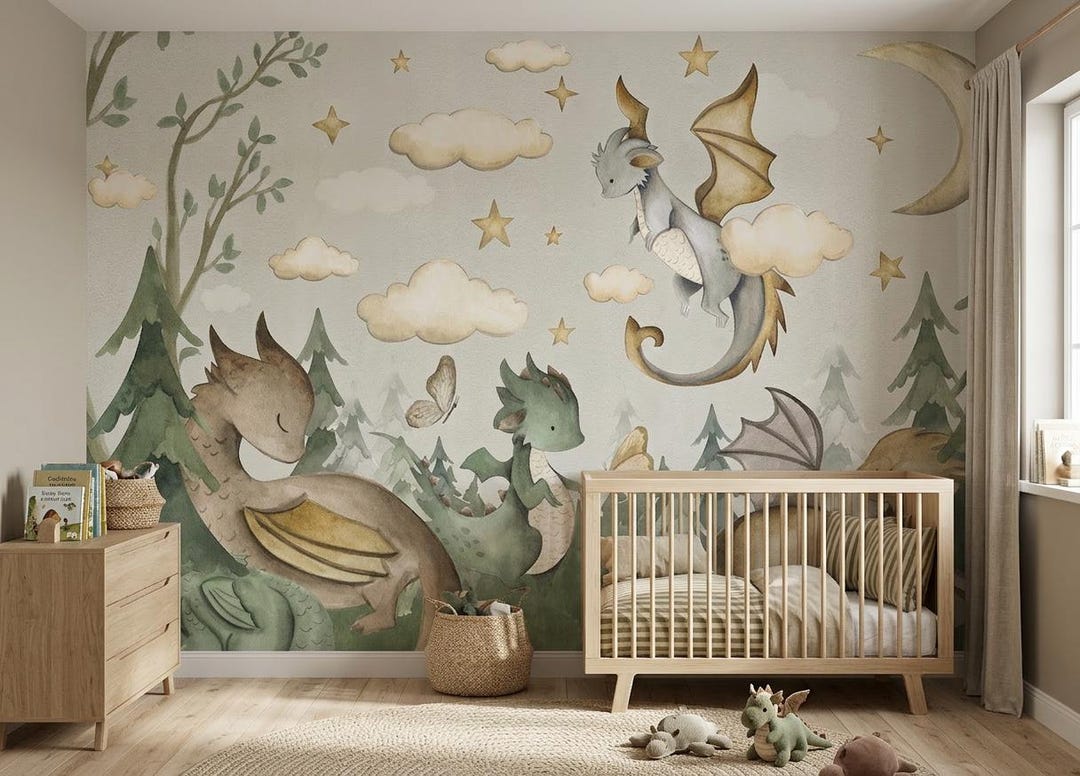 Dragon Dream Kids Wallpaper – Fantasy Forest Mural With Cute Baby ...