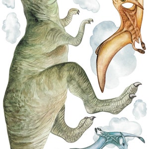 May include: Watercolor illustration of a Tyrannosaurus Rex, a Pterodactyl, and a Pteranodon with fluffy white clouds on a white background. The T-Rex is green and tan, the Pterodactyl is brown, and the Pteranodon is blue. The image is a whimsical depiction of prehistoric creatures.