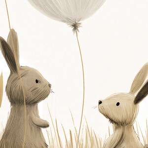May include: A digital illustration featuring two rabbits in a field of tall grass. The rabbit on the left is brown, while the rabbit on the right is a lighter cream colour. Above them, large white dandelion seed heads float in the air.