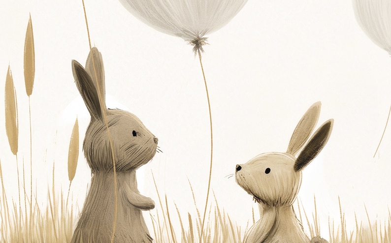 May include: A digital illustration featuring two rabbits in a field of tall grass. The rabbit on the left is brown, while the rabbit on the right is a lighter cream colour. Above them, large white dandelion seed heads float in the air.