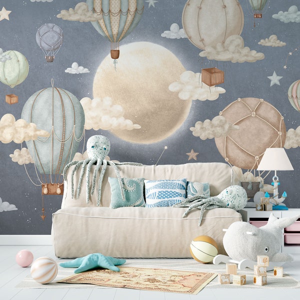 STARDUST II - Hot Air Balloon Nursery wallpaper / Night sky constellations mural for kids