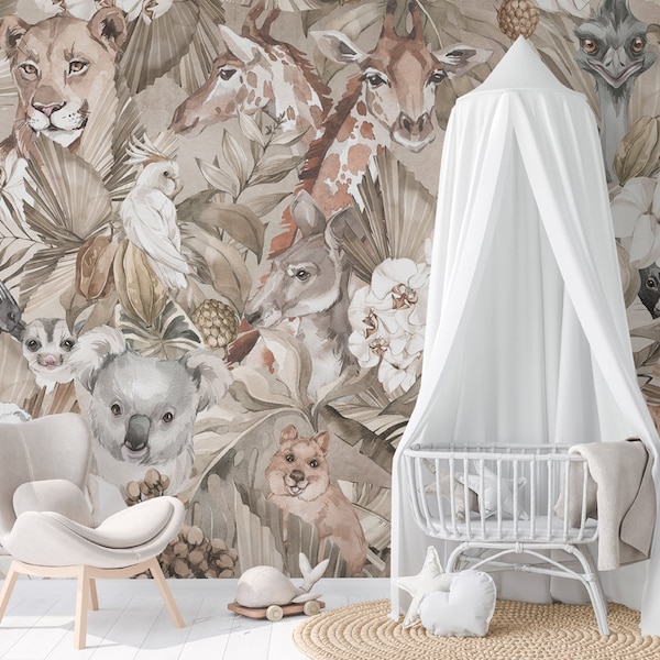 PEEKABOO wallpaper for children with animals / Watercolor animals / Tropical safari Wallpaper