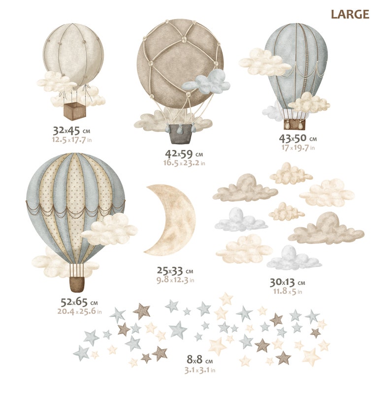 STARDUST Heißluftballon Kinderzimmer Wandaufkleber / Sterne und Wolken Wandaufkleber Large