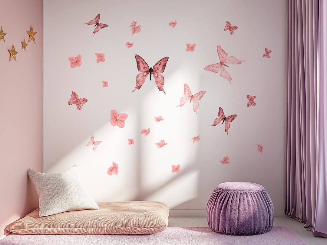 Butterfly Wall Stickers – Watercolor Floral Decals for Girls Room ...