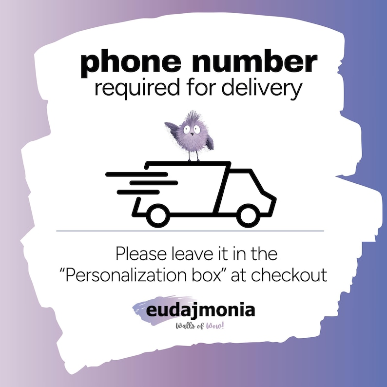 K&ouml;nnte beinhalten: Grafik mit dem Text "Telefonnummer f&uuml;r die Lieferung erforderlich". Ein Cartoon-Vogel sitzt auf einer Lieferwagen-Illustration. Der Text "Bitte im Feld "Personalisierung" beim Checkout hinterlassen" ist ebenfalls enthalten.