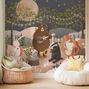 Forest Party Night Kids Wallpaper – Mural with Woodland Animals Playing at Night | Custom Size | Nursery Wall Decor
